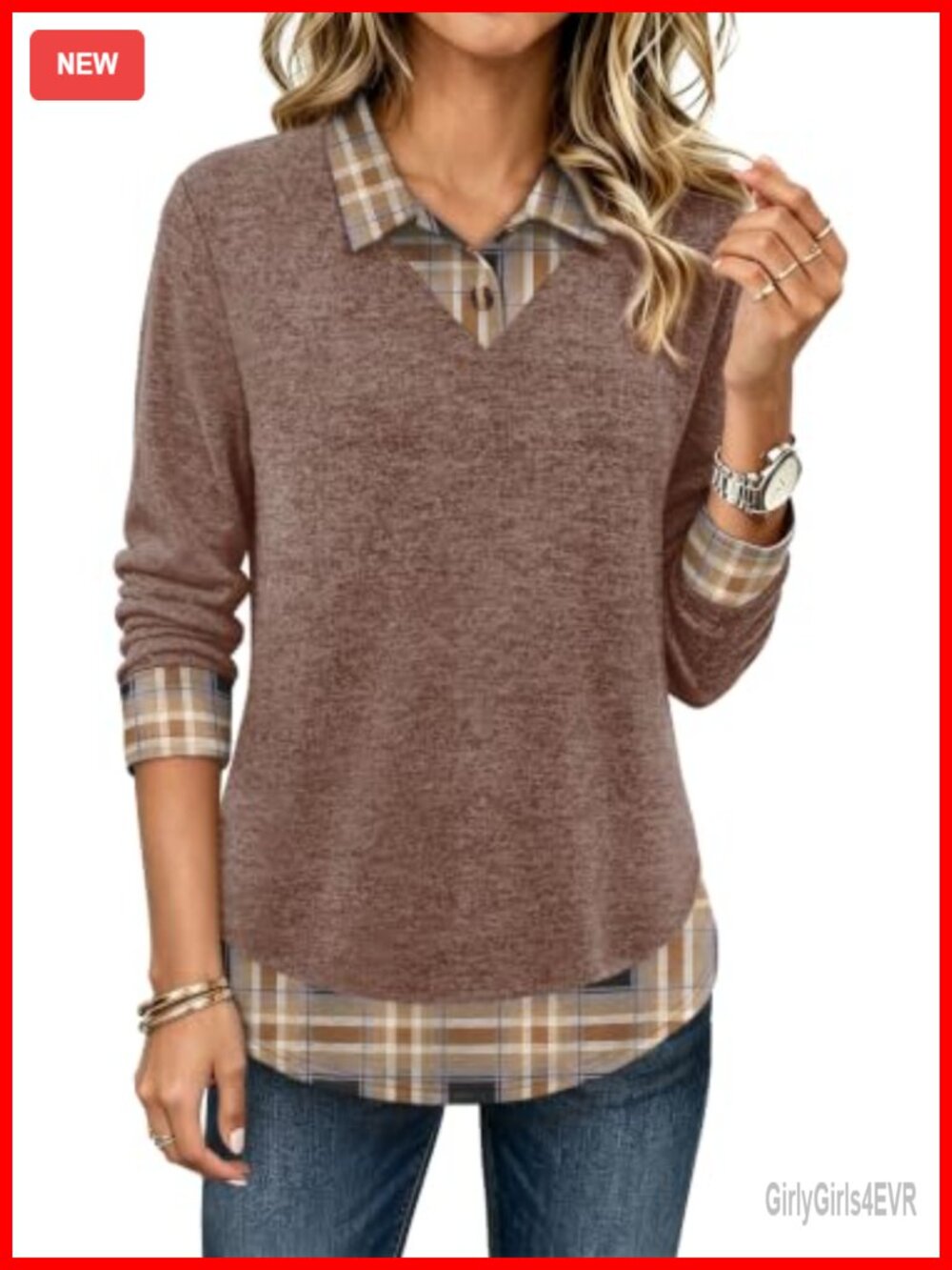 Womens Long Sleeve Polo Tunic Top Faux Layered Work Blouse